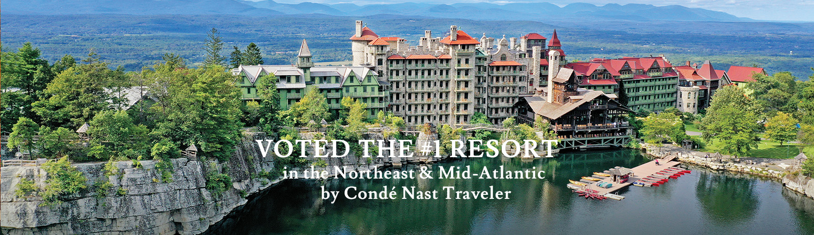 Aerial view of Mohonk Mountain House resort in Upstate NY
