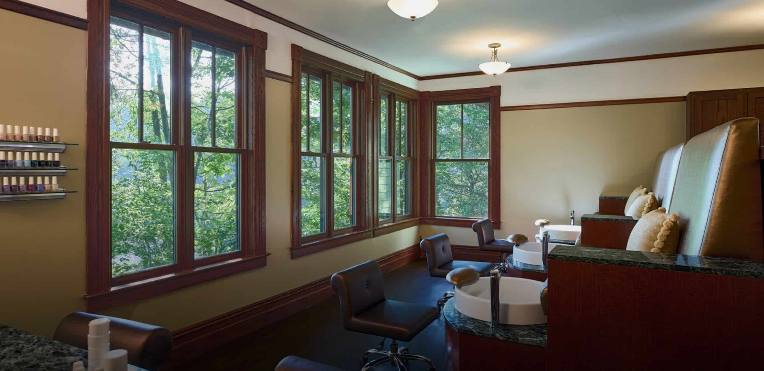 A freshly remodeled salon with a view of trees