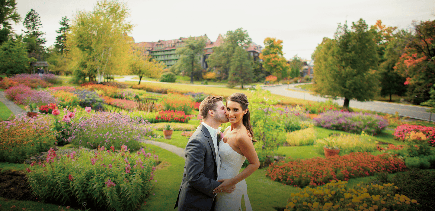 A couple getting married outside of Mohonk Mountain House